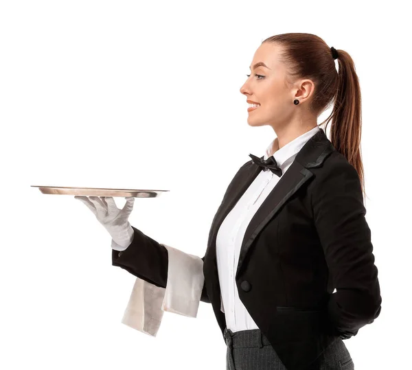 stock image Beautiful female waiter on white background