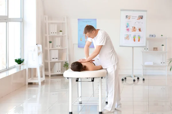 Massage Therapist Working Female Patient Medical Center — Stock Photo, Image