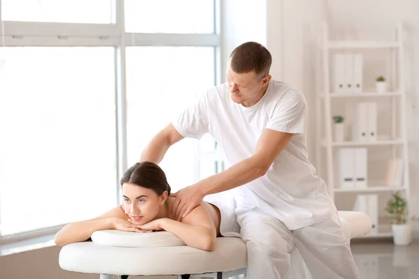 Massage Therapist Working Female Patient Medical Center — Stock Photo, Image