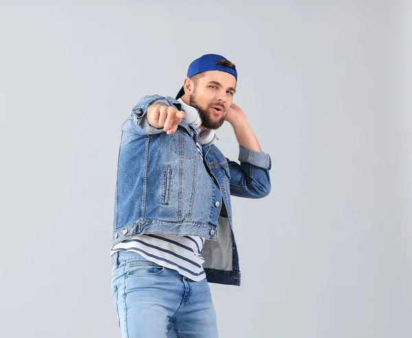 Handsome Young Man Dancing Light Background — Stock Photo, Image