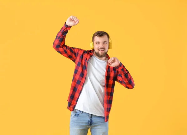 Handsome Young Man Dancing Color Background — Stock Photo, Image