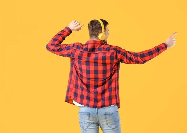 Handsome Young Man Dancing Color Background — Stock Photo, Image