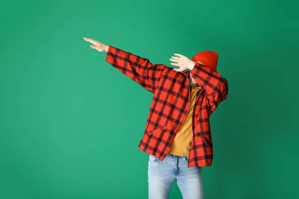 Handsome Young Man Dancing Color Background — Stock Photo, Image