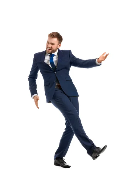 Guapo Bailando Hombre Negocios Sobre Fondo Blanco — Foto de Stock