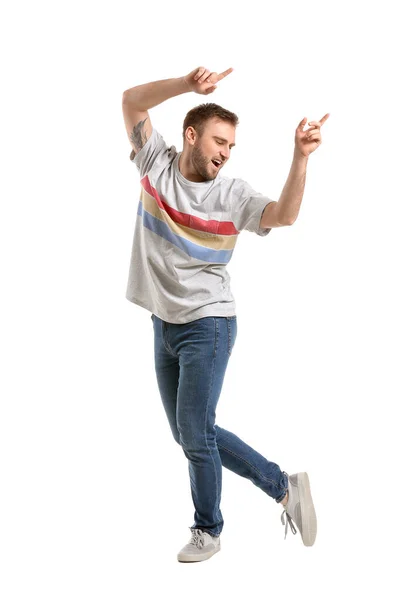 Knappe Dansende Man Witte Achtergrond — Stockfoto