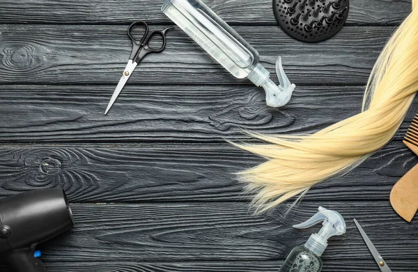 Hair Sprays Hairdresser Supplies Dark Wooden Background — Stock Photo, Image