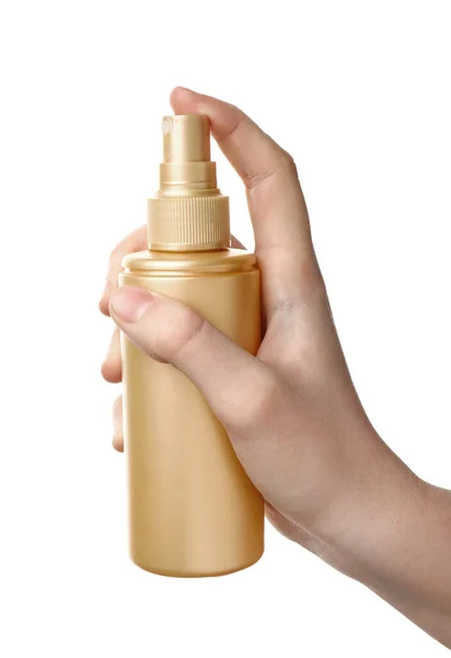 Mão Feminina Com Spray Cabelo Fundo Branco — Fotografia de Stock