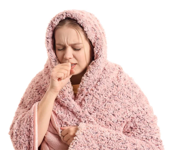 Ill Hoesten Jonge Vrouw Verpakt Deken Witte Achtergrond — Stockfoto