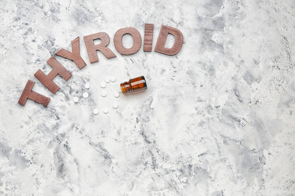 Word THYROID with pills on white background