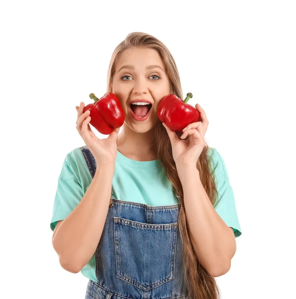 Junge Frau Mit Paprika Auf Weißem Hintergrund Ernährungskonzept — Stockfoto