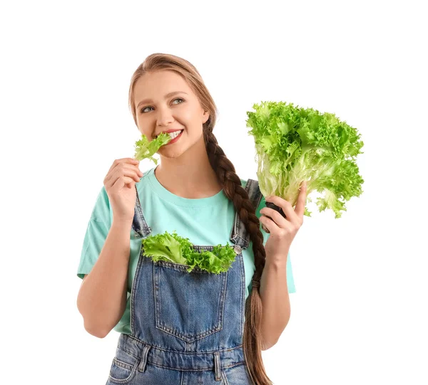 Ung Kvinna Med Sallad Vit Bakgrund Diet Koncept — Stockfoto