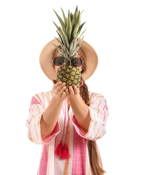 Junge Frau Mit Ananas Auf Weißem Hintergrund Ernährungskonzept — Stockfoto