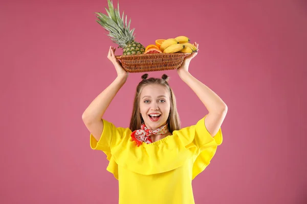 Young Woman Fruits Color Background Diet Concept — Stock Photo, Image