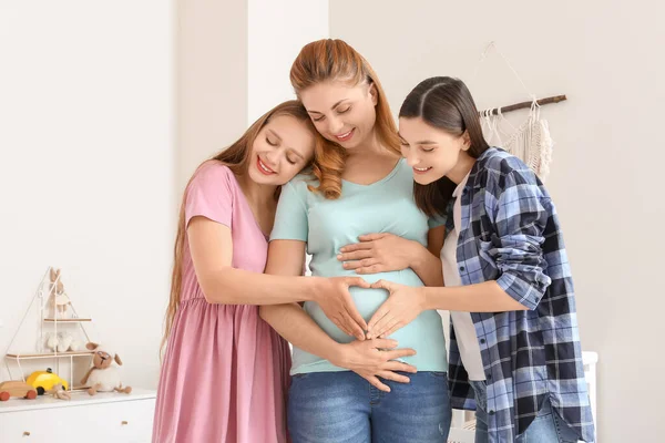 Lesbian Couple Pregnant Woman Home Surrogate Motherhood Concept — Stock Photo, Image