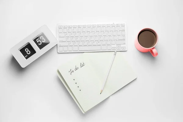 Computer Keyboard Notebook Alarm Clock Cup Coffee White Background — Stock Photo, Image