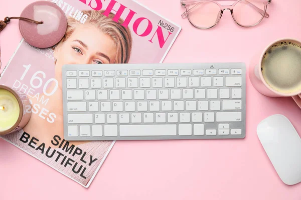 Computer Keyboard Candle Fashion Magazine Cup Coffee Color Background — Stock Photo, Image