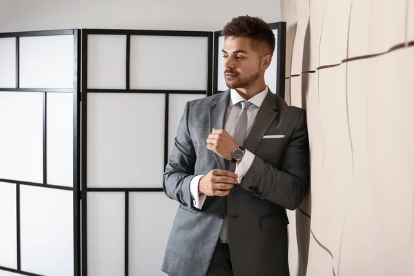 Handsome Young Man Elegant Suit Indoors — Stock Photo, Image