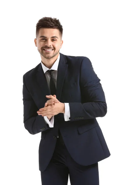 Hombre Joven Guapo Traje Elegante Sobre Fondo Blanco —  Fotos de Stock