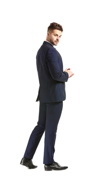 Stilig Ung Man Elegant Kostym Vit Bakgrund — Stockfoto