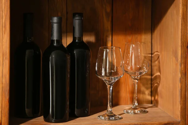 Bottles Wine Glasses Cellar — Stock Photo, Image