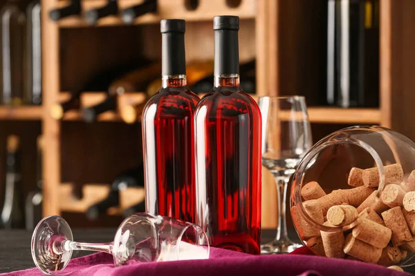 Bottles Wine Glasses Table Cellar — Stock Photo, Image