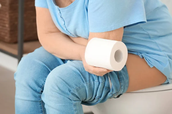 Elderly Woman Hemorrhoids Sitting Toilet Bowl Restroom — Stock Photo, Image