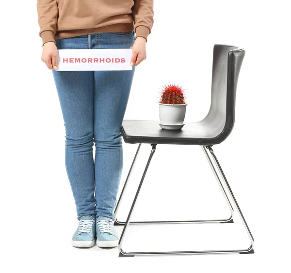 Young Woman Chair Cactus White Background Hemorrhoids Concept — Stock Photo, Image