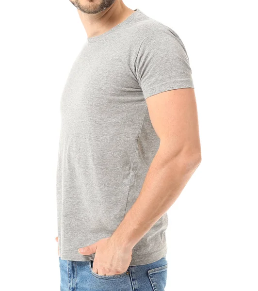 Hombre Elegante Camiseta Sobre Fondo Blanco — Foto de Stock