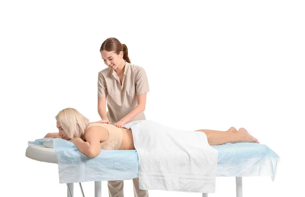 Terapeuta Massagem Trabalhando Com Paciente Sexo Feminino Fundo Branco — Fotografia de Stock
