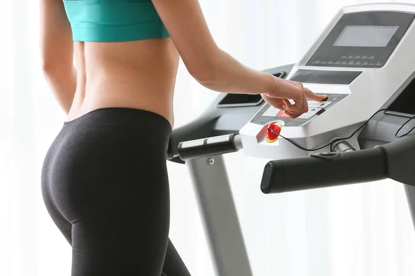 Sporty Young Woman Training Treadmill Home — Stock Photo, Image