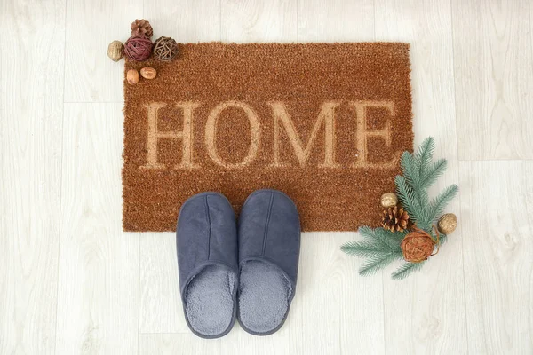 Door Mat Christmas Decor Slippers Floor — Stock Photo, Image