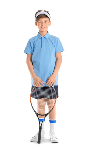 Söt Liten Pojke Med Tennisracket Vit Bakgrund — Stockfoto