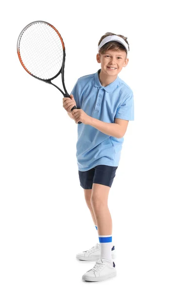 Lindo Niño Con Raqueta Tenis Sobre Fondo Blanco — Foto de Stock