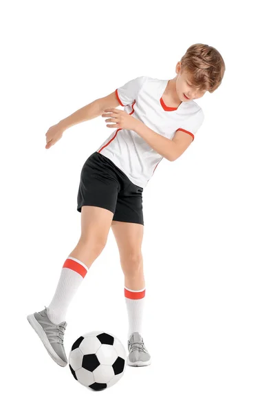 Niedliche Kleine Fußballspieler Auf Weißem Hintergrund — Stockfoto