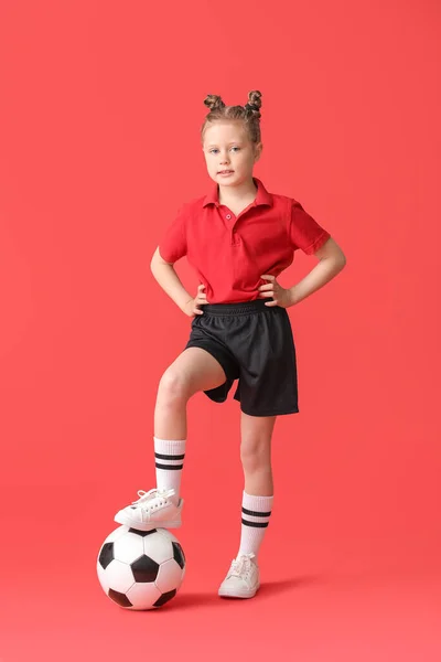 Niña Con Pelota Fútbol Sobre Fondo Color — Foto de Stock