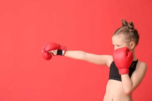 Little Girl Boxing Gloves Color Background — Stock Photo, Image