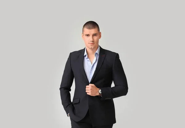 Handsome Young Man Elegant Suit Light Background — Stock Photo, Image