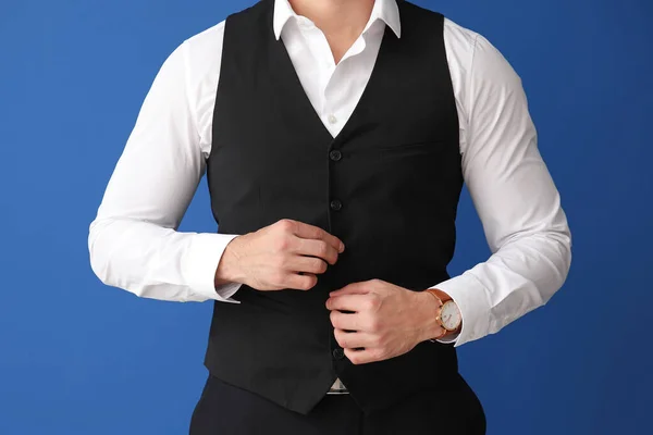 Handsome Young Man Elegant Suit Color Background — Stock Photo, Image