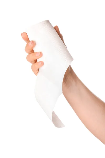 Рука Рулоном Туалетного Паперу Білому Тлі — стокове фото