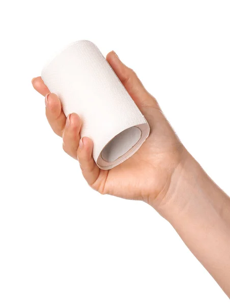 Mano Con Rollo Papel Higiénico Sobre Fondo Blanco — Foto de Stock