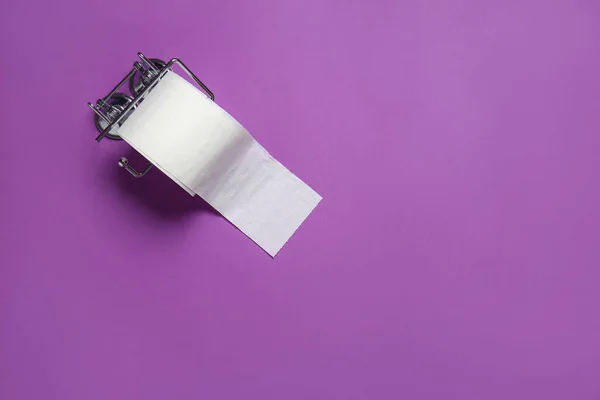 Holder with roll of toilet paper on color background