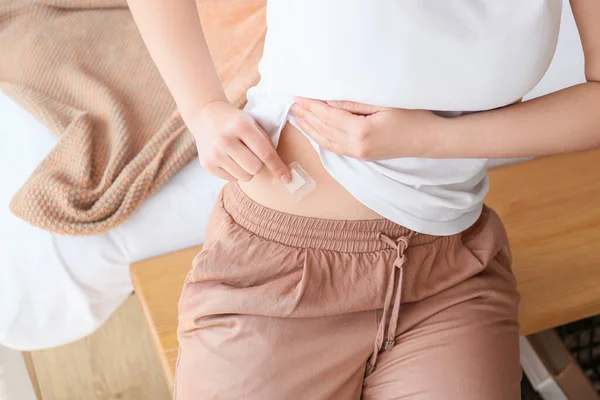 Young Woman Contraceptive Patch Home — Stock Photo, Image