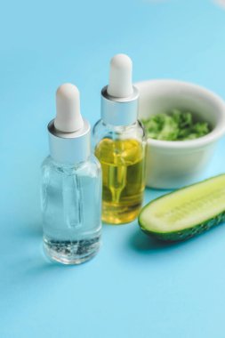 Renkli arka planda gerekli yağ ve salatalık şişeleri