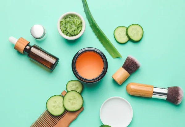 Composition Cucumber Cosmetics Color Background — Stock Photo, Image