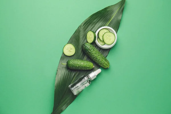 Composition Cucumber Cosmetics Color Background — Stock Photo, Image