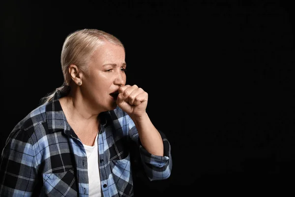 Coughing Mature Woman Dark Background Concept Epidemic — Stock Photo, Image