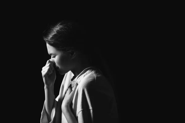 Coughing Young Woman Dark Background Concept Epidemic — Stock Photo, Image