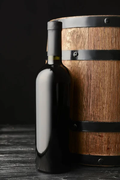 Wooden Barrel Bottle Wine Dark Background — Stock Photo, Image