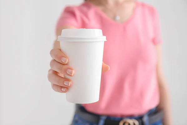 Woman Takeaway Cup Drink Light Background Closeup — Stock Photo, Image