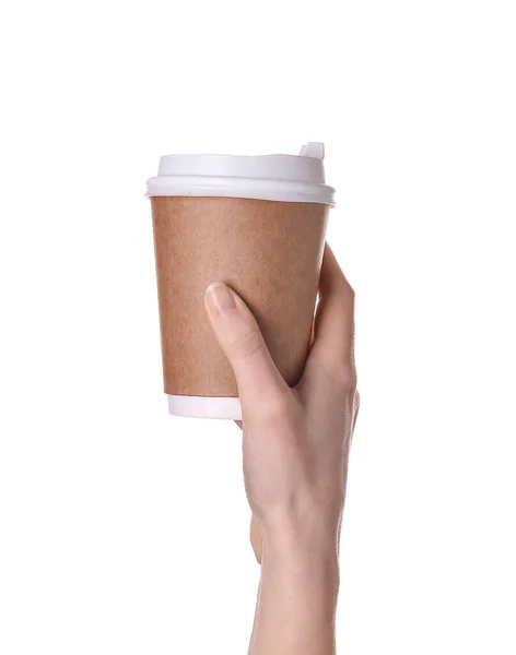Hand Takeaway Cup Drink White Background — Stock Photo, Image